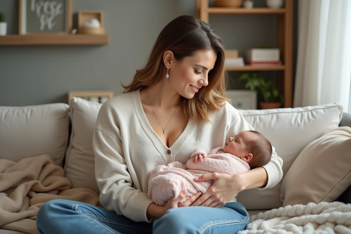 Maman souriante avec son bébé dans un salon chaleureux