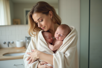 Maman tenant son nouveau né après la douche dans une salle de bain moderne