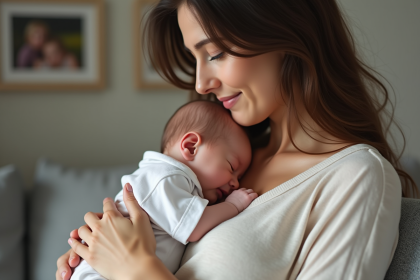Jeune maman tenant son bébé contre elle dans un salon chaleureux