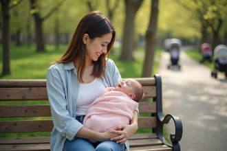 Jeune maman avec bébé dans un parc en printemps