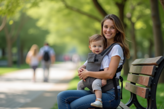 Jeune maman souriante avec bébé en porte-bébé dans un parc