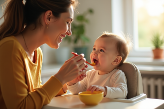 Maman souriante donnant de la purée à son bébé de 4 mois