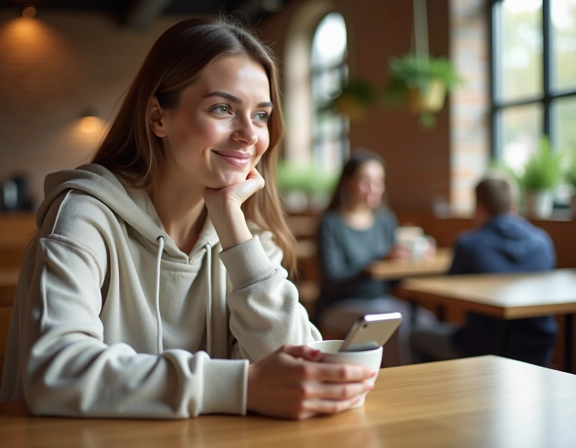 Maman prenant un café dans la zone parentale d'un espace de jeux intérieur à Lille, smartphone en main