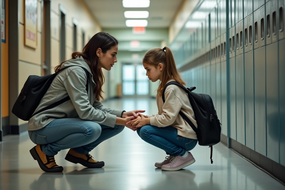 Maman rassurant sa fille dans le couloir de l