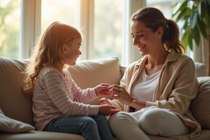Maman souriante avec son enfant dans un salon lumineux
