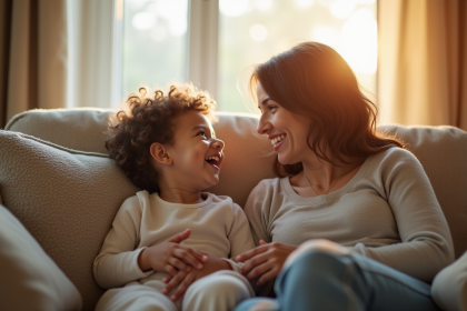 Mère et enfant riant dans un salon chaleureux