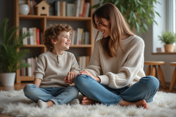 Maman et enfant discutent dans un salon chaleureux
