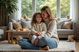Maman et sa fille dans un intérieur chaleureux et paisible