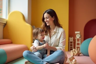 Maman assise sur un tapis coloré dans un espace de jeux pour enfants à Lille, souriante et détendue
