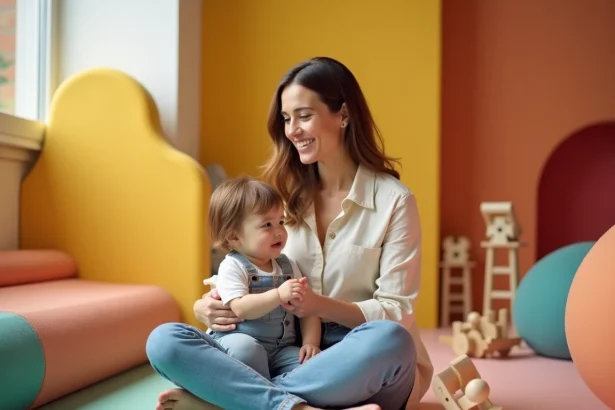 Maman assise sur un tapis coloré dans un espace de jeux pour enfants à Lille, souriante et détendue