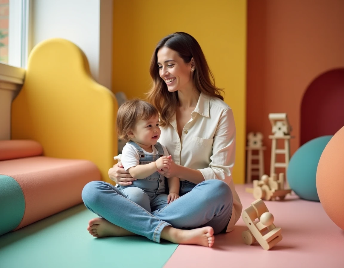 Maman assise sur un tapis coloré dans un espace de jeux pour enfants à Lille, souriante et détendue