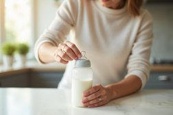 Maman préparant un biberon dans la cuisine lumineuse