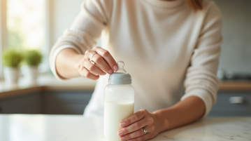 Maman préparant un biberon dans la cuisine lumineuse
