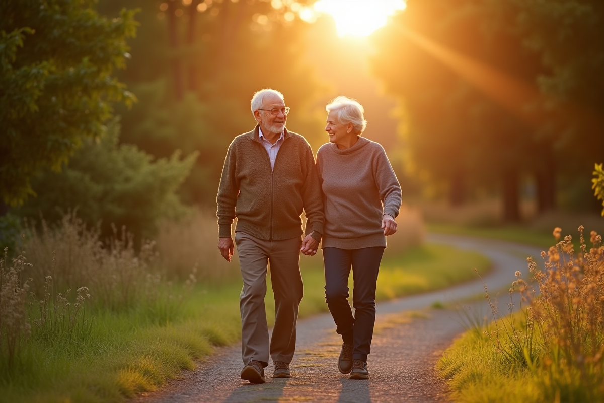 Couple de seniors marchant dans la nature au coucher de soleil