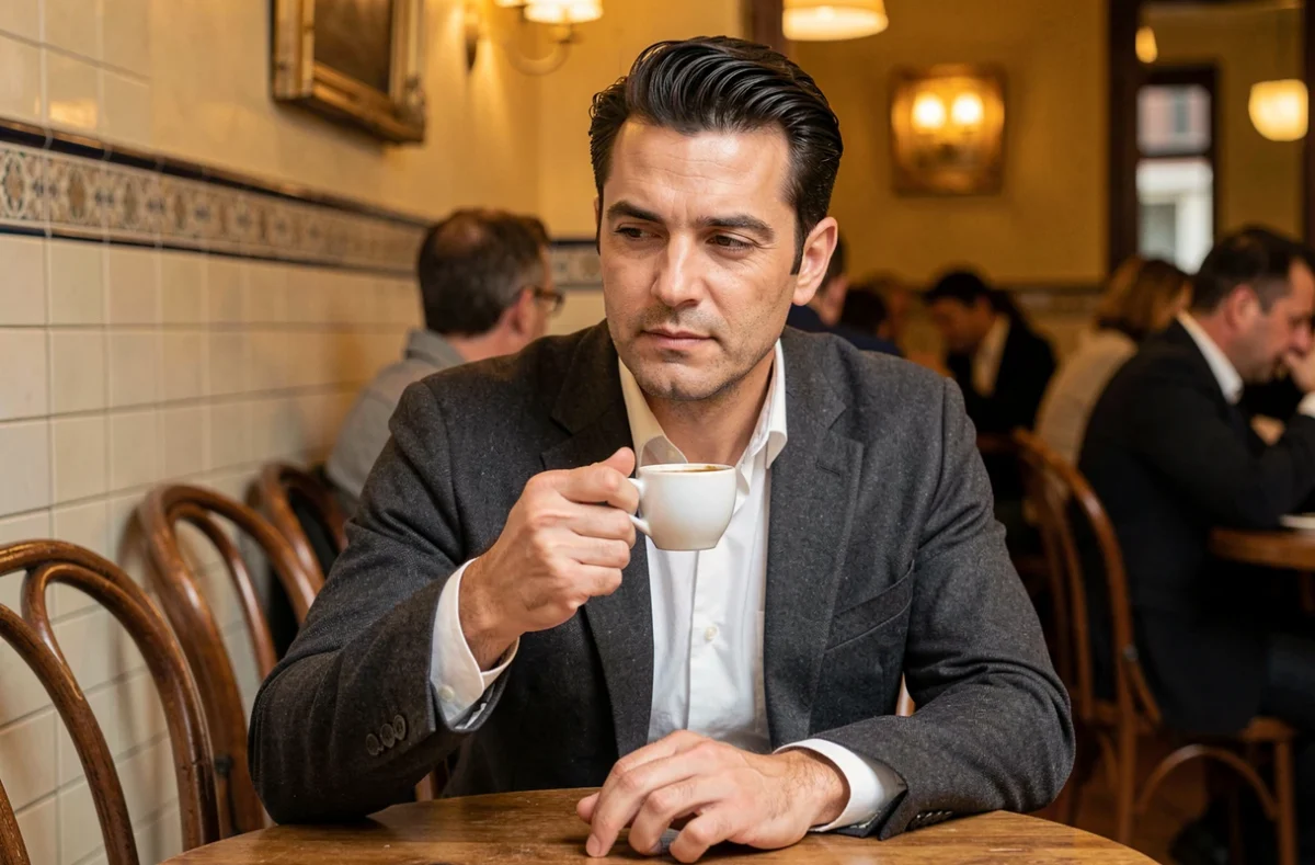 Portrait d'un homme élégant attablé dans une brasserie parisienne, représentant le mari discret d'une personnalité du monde de l'opéra