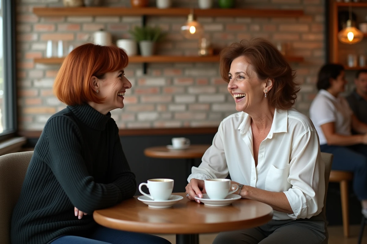 Deux femmes complices discutant autour d'un café dans un intérieur parisien chaleureux, portrait authentique
