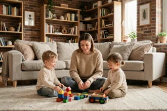 Baby-sitter professionnelle jouant avec deux jeunes enfants dans un salon chaleureux du Nord de la France