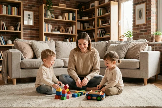 Baby-sitter professionnelle jouant avec deux jeunes enfants dans un salon chaleureux du Nord de la France