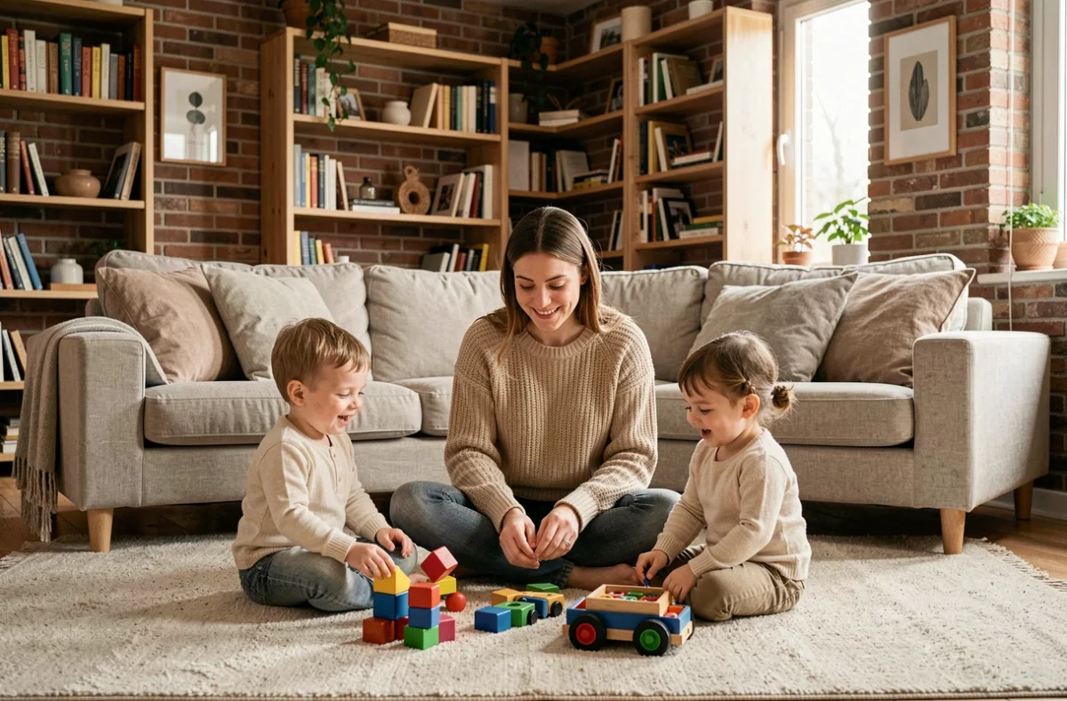 Baby-sitter professionnelle jouant avec deux jeunes enfants dans un salon chaleureux du Nord de la France