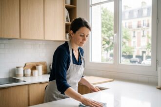 Femme faisant le ménage dans une cuisine moderne à Saint-Maur-des-Fossés, entretien de la maison toute l'année avec Centre Services