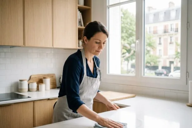 Femme faisant le ménage dans une cuisine moderne à Saint-Maur-des-Fossés, entretien de la maison toute l'année avec Centre Services