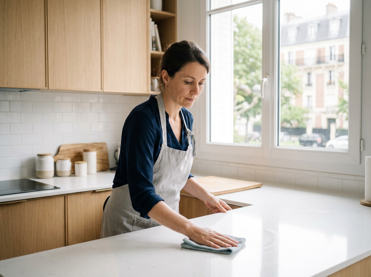 Femme faisant le ménage dans une cuisine moderne à Saint-Maur-des-Fossés, entretien de la maison toute l'année avec Centre Services
