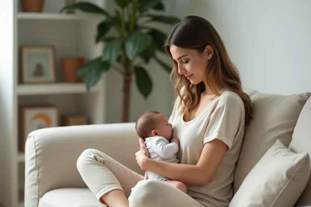 Jeune mère allaitant son nouveau-né sur un canapé en lin dans un salon scandinave, exprimant une connexion maternelle douce et apaisante