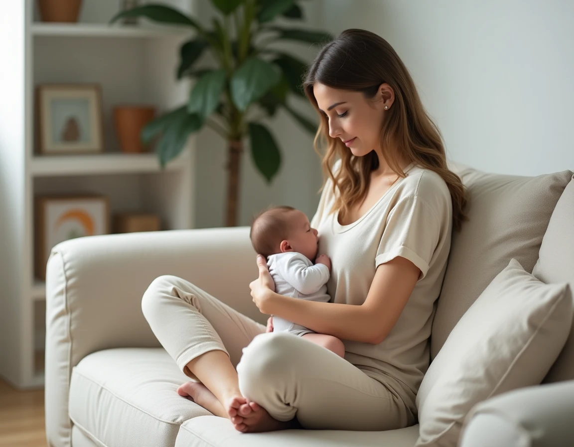 Jeune mère allaitant son nouveau-né sur un canapé en lin dans un salon scandinave, exprimant une connexion maternelle douce et apaisante