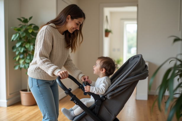 Mère souriante avec bébé dans un intérieur chaleureux