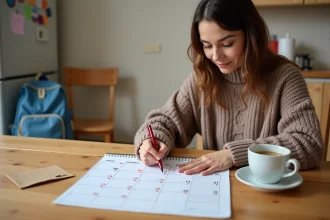 Mère consultant un calendrier scolaire papier pour noter les dates de vacances de ses enfants