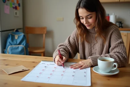 Mère consultant un calendrier scolaire papier pour noter les dates de vacances de ses enfants