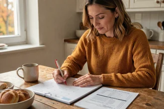Mère de famille consultant un calendrier imprimé pour organiser les vacances scolaires d'octobre 2026