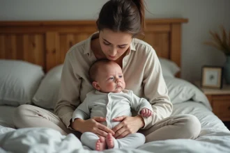 Mère fatiguée tenant son bébé éveillé dans la chambre