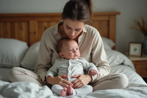 Mère fatiguée tenant son bébé éveillé dans la chambre