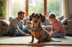 Merle dachshund dans un salon familial chaleureux