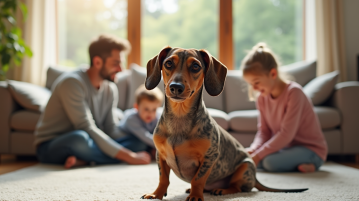 Merle dachshund dans un salon familial chaleureux