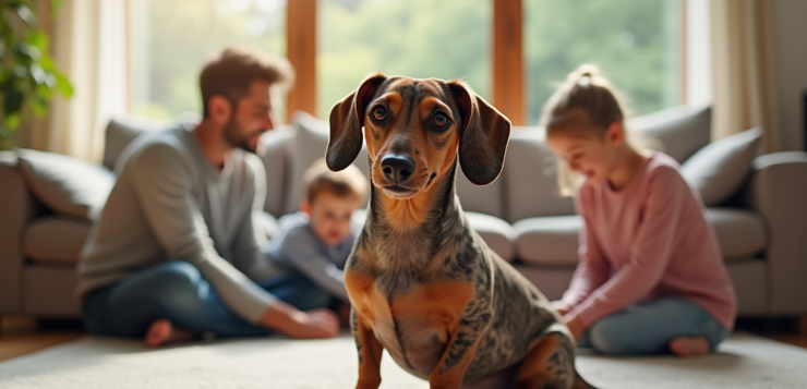 Merle dachshund dans un salon familial chaleureux