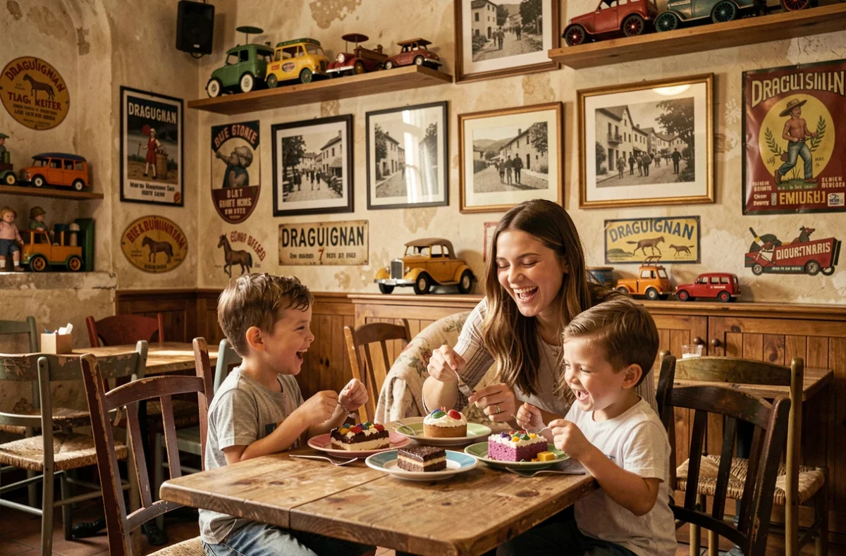Mes Souvenirs d'Enfance à Draguignan, décor nostalgique avec jouets vintage et photos anciennes, femme et enfants savourant des desserts gourmands évoquant les souvenirs d'enfance