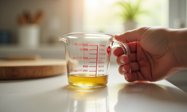 Main d'un parent tenant une tasse de mesure à 100 ml