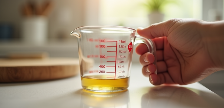 Main d'un parent tenant une tasse de mesure à 100 ml