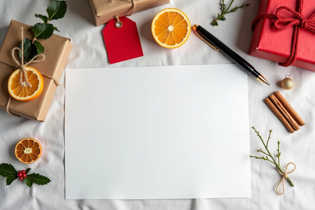 Mise à plat d'étiquettes cadeaux de Noël personnalisées imprimées, disposées avec des cadeaux emballés, ficelle et décoration naturelle de Noël