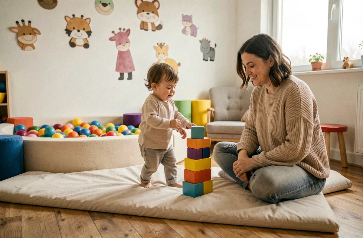 Mère et jeune enfant dans l'espace de jeux doux du Monde des Petits Loups à Boufféré