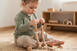 Petite fille de 2 ans concentrée en train d'enfiler des perles en bois pour développer sa motricité fine