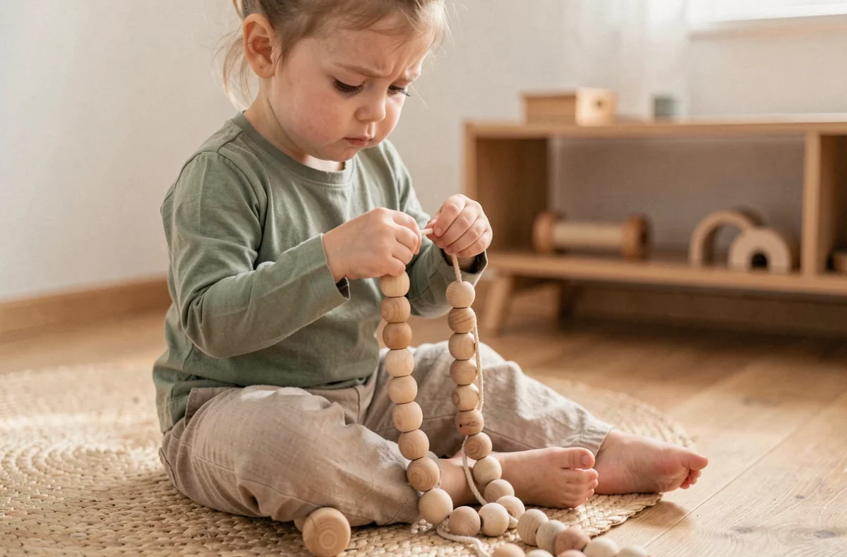 Petite fille de 2 ans concentrée en train d'enfiler des perles en bois pour développer sa motricité fine