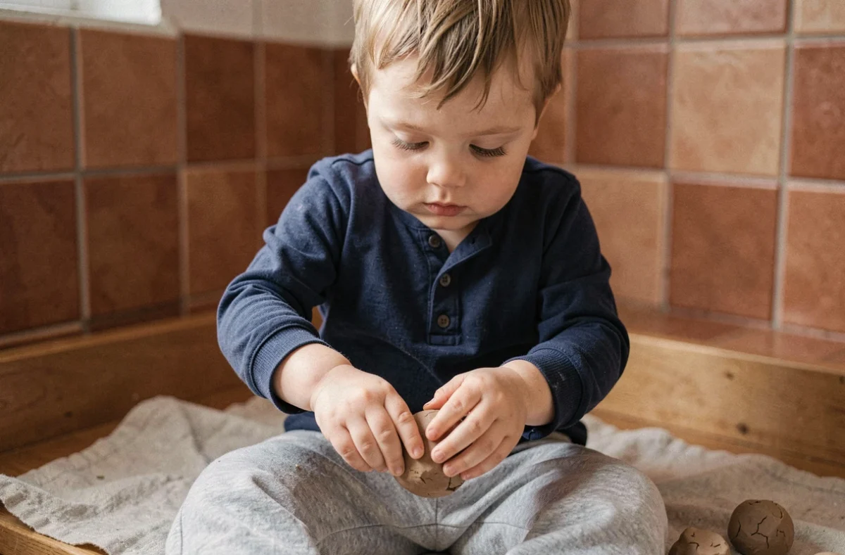 Enfant de 2 ans qui pétrit de la pâte à modeler naturelle pour stimuler la motricité fine sans surcharge sensorielle