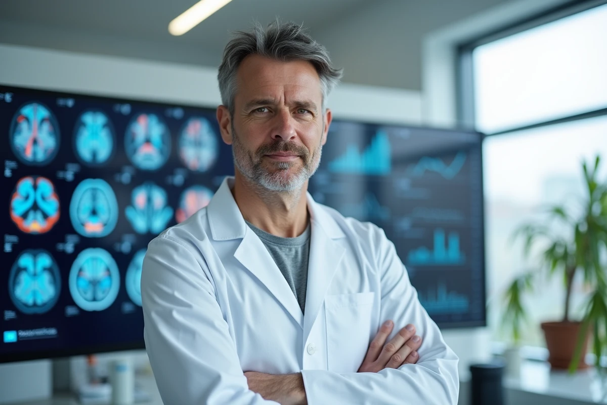Neuroscientifique masculin analysant des scanners cérébraux en laboratoire, symbolisant la recherche scientifique sur le comportement humain et la biologie de l'infidélité