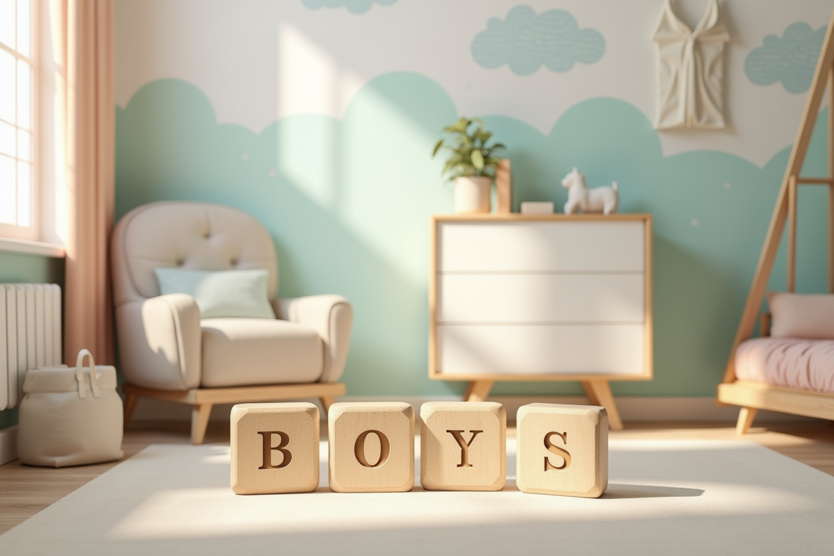 Chambre de bébé moderne avec blocs de bois formant des noms commençant par O