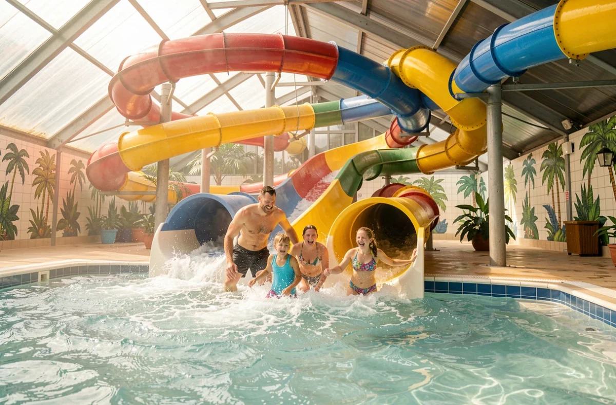 Famille sortant d'un toboggan aquatique couvert à O'Gliss Park au Bernard en Vendée