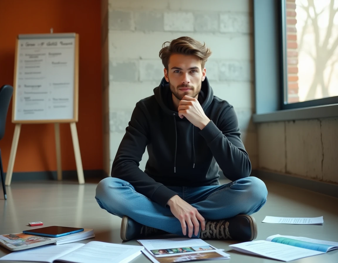 Jeune homme réfléchissant à ses choix d'études et à son orientation professionnelle, entouré de brochures de carrière dans une salle d'étude