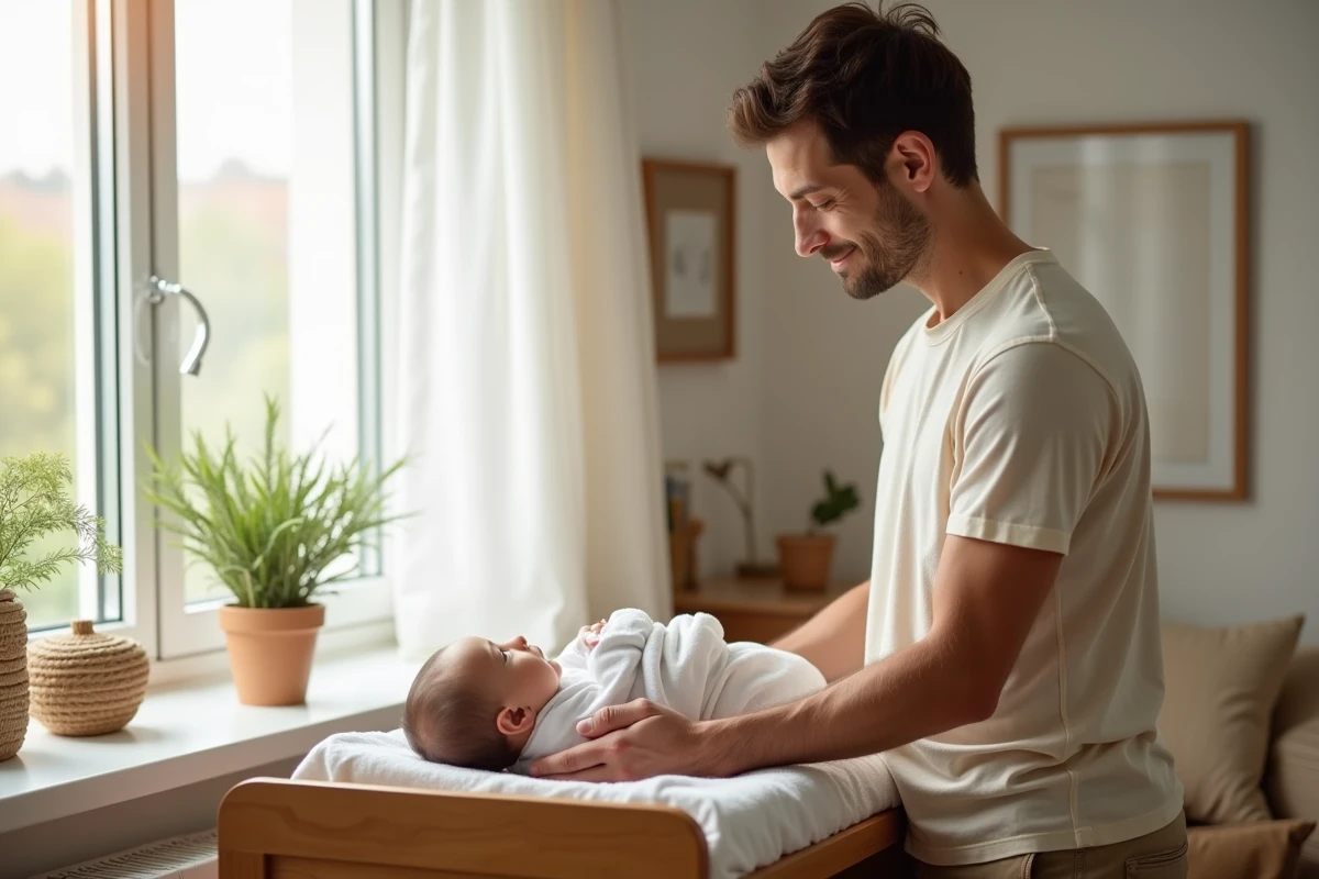 Papa changeant son bébé dans une nurserie lumineuse